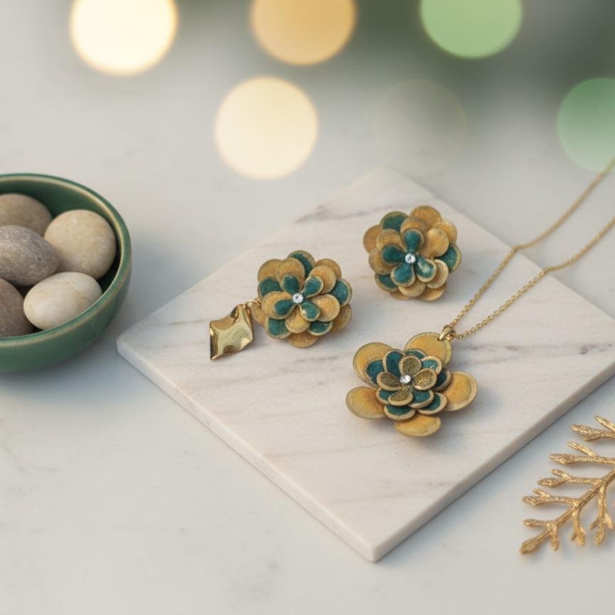 Conjunto CHANTAL Collar y pendientes hechos a mano en resina colores dorado y verdes y enganches en Acero Inoxidable dorado