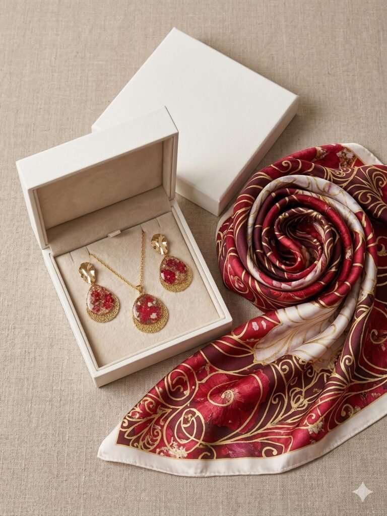 Conjunto Collar y Pendientes hechos a mano con flores naturales, Resina y Acero Inoxidable