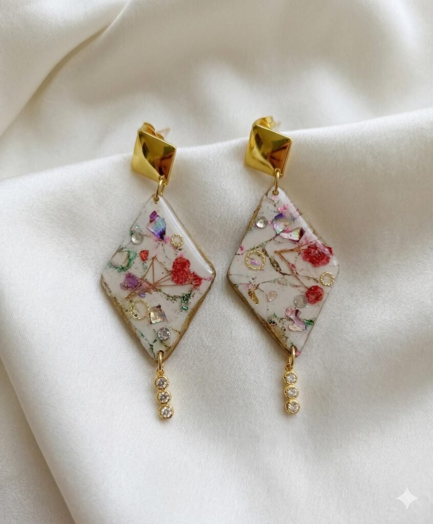 Pendientes Artesanales en Arcilla Polimérica, flores secas naturales, resinas y Acero Inoxidable