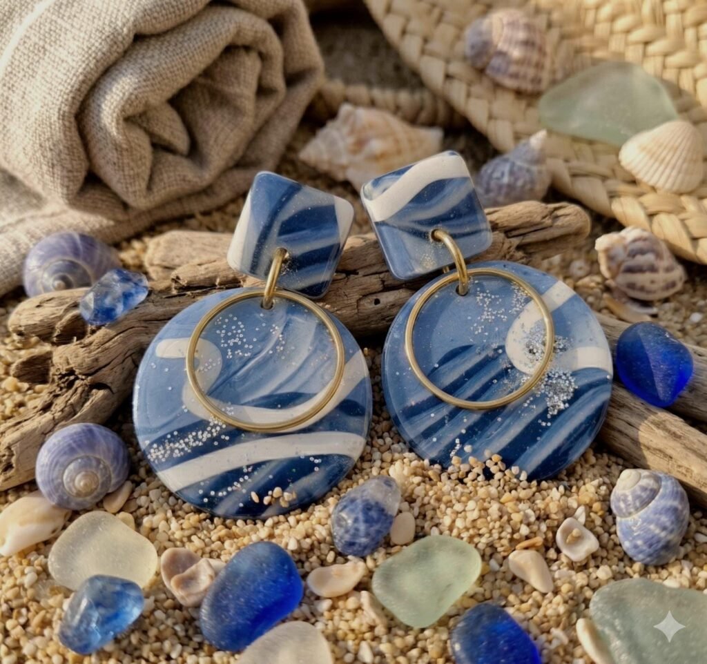 Pendientes CRISTINA en Arcilla Polimérica colores azules y blancos y enganches en Acero Inoxidable dorado