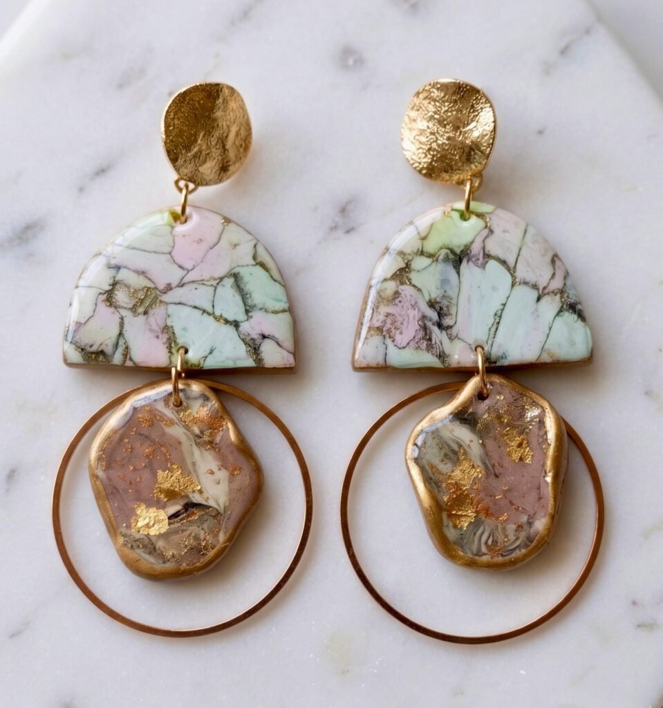 Pendientes artesanales hechos en arcilla polimerica, resinas y acero inoxidable