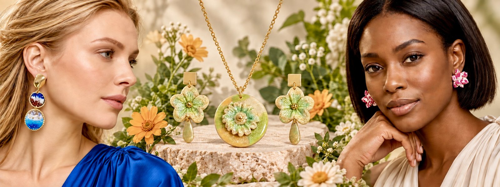 Modelos con pendientes artesanales y conjunto floral de KUMABI